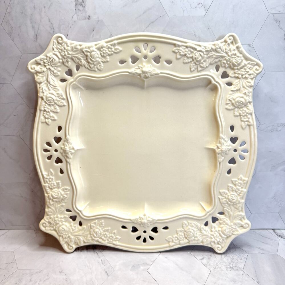 Vintage St Michael Platter Cream Florentine Square Pierced Cake Plate 2233